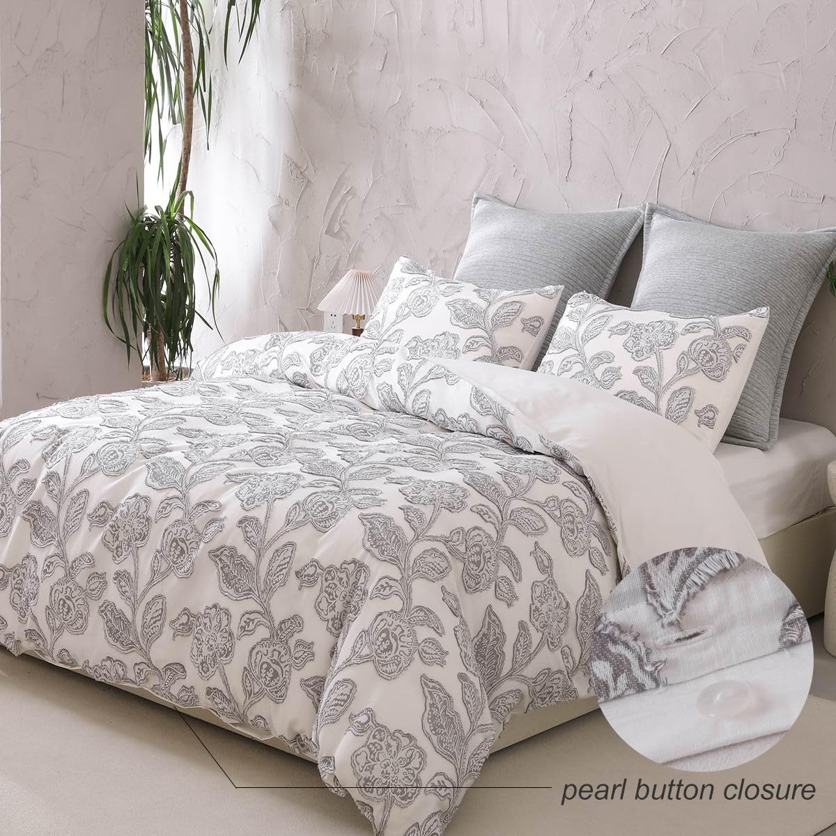 Cotton Clipped Jacquard Duvet Cover Set Queen, 3 Pieces Jacobean Floral Bedding Set (Grey, Queen)