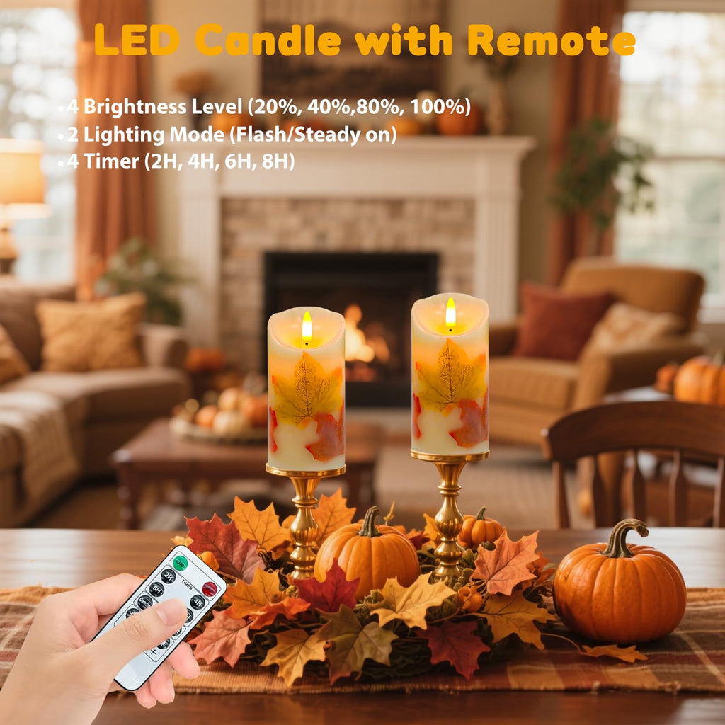 Maple Leaves Flameless Candles Set of 2, Fall Candles with Remote & Timer