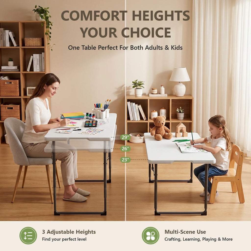 4FT Folding Table 4 Pack, Adjustable Height Heavy Duty Plastic Folding Tables with Carry Handles, Fold-in-Half Portable