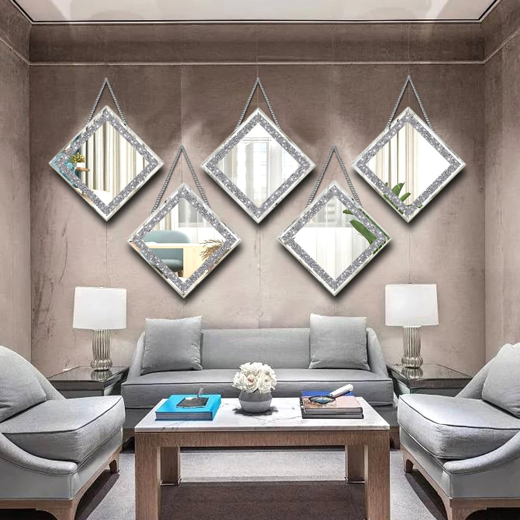 2 Piece Wall Mirrors, Crush Diamond Mirrors Decor, Silver Decorative Bedroom, Bathroom. (12"x12")