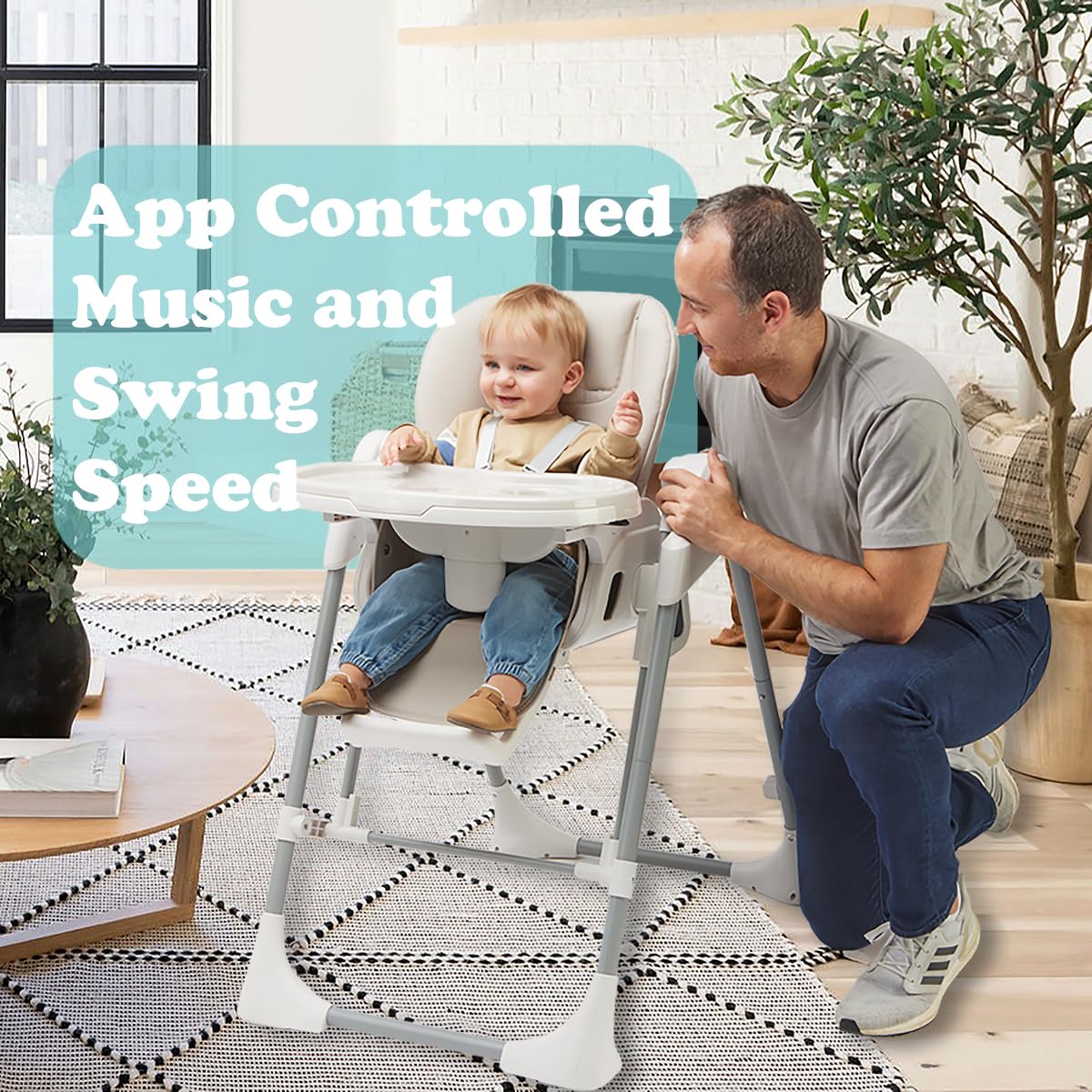 Baby SnuggleBug in-1 Infant Swing & High Chair, Adjustable Seat Recline, Height, & Feeding Tray, App Control, Music