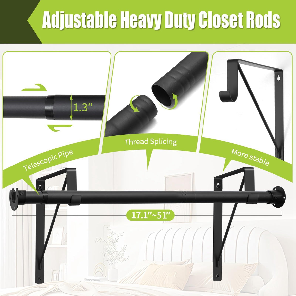 Closet Rod, 17 to 51 Inch Clothes Rods 1.3 Inches Heavy Duty Adjustable Closet Pole for Hanging Clothes and Heavy