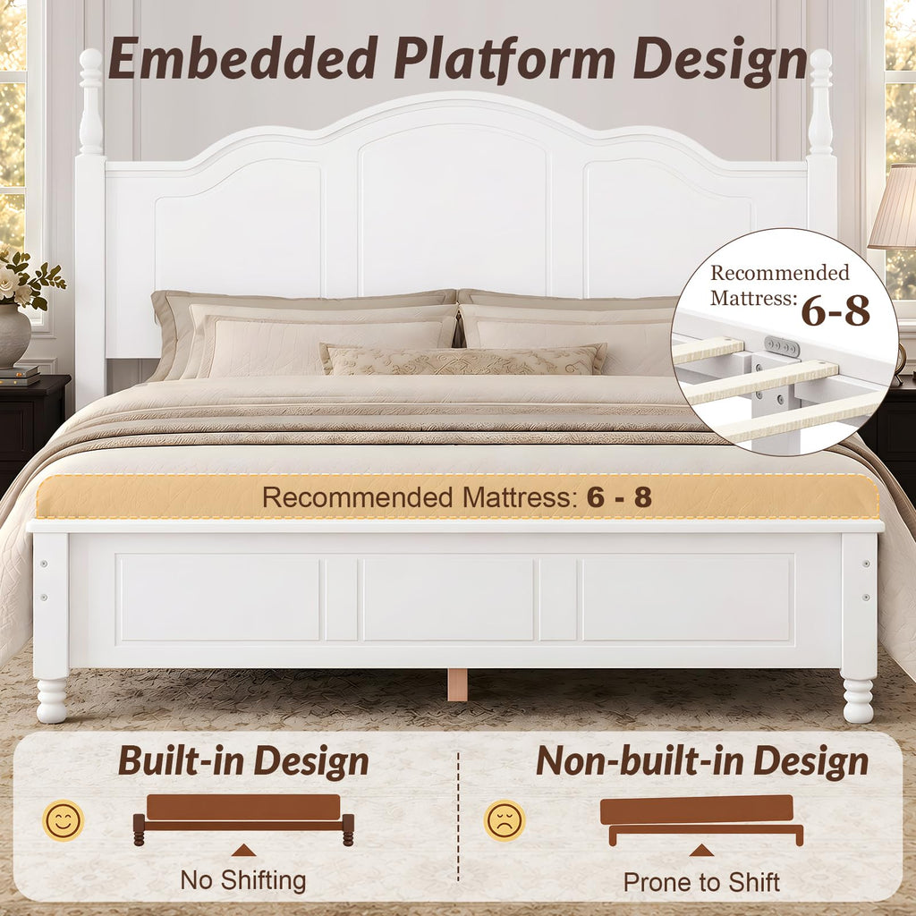 Farmhouse Bed Frame with Headboard, White Wood Platform Bed