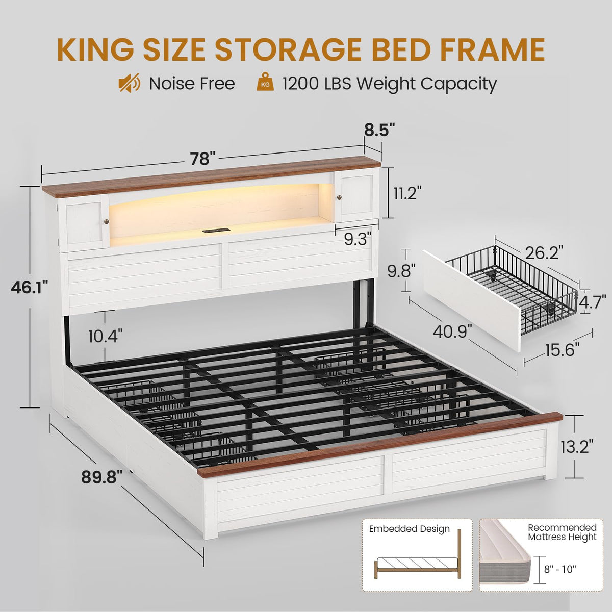 Farmhouse Bed Frame with Bookcase and Storage Cabinets Headboard, Wood Platform Bed with LED Lights