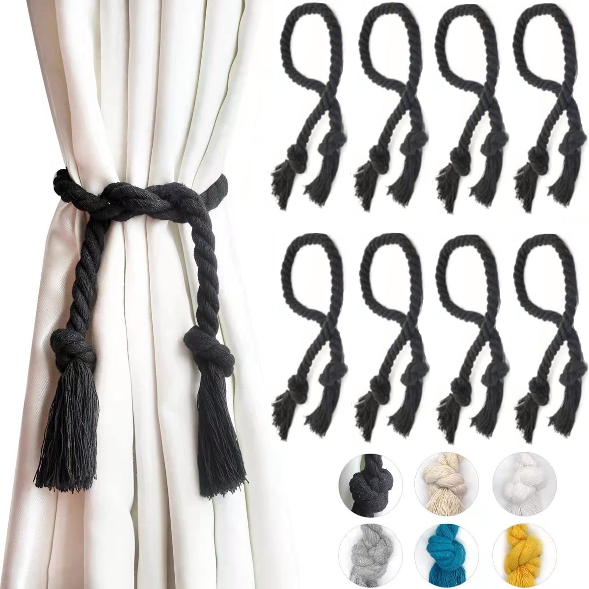 Curtain Ties Rope, Outdoor Curtain Tiebacks Gazebo Pergola Cabana, Natural Cotton Curtain Holders, Village - 8 Pack
