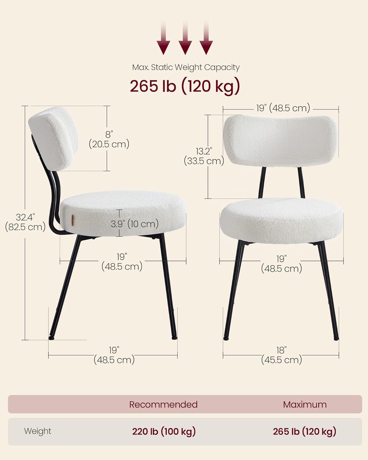 Boucle Dining Chairs Set of 2, Upholstered Kitchen Dining Room Chairs with Curved Backrest and Steel Frame