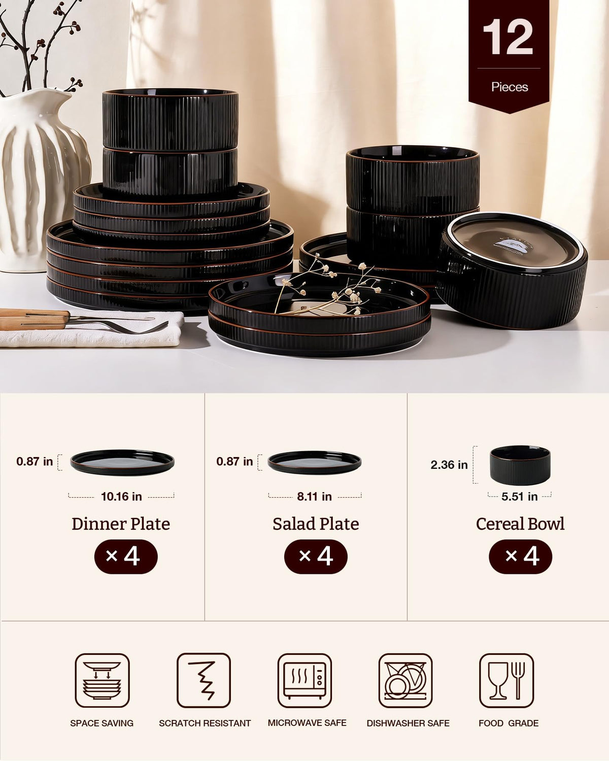 Line Porcelain Dinnerware Set, dish set for 4, Black