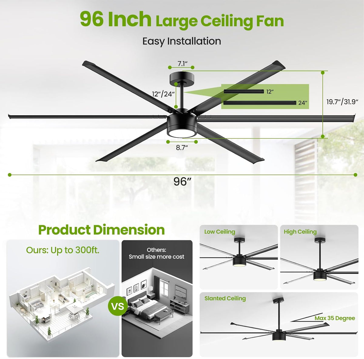 96 Inch Industrial Ceiling Fan with Light,Large Ceiling Fan with Remote and APP,6 Reverisble Aluminum Blades,6-Speed,Indoor,Outdoor Ceiling Fans for Patios/Shop/Garage/Commercial Black