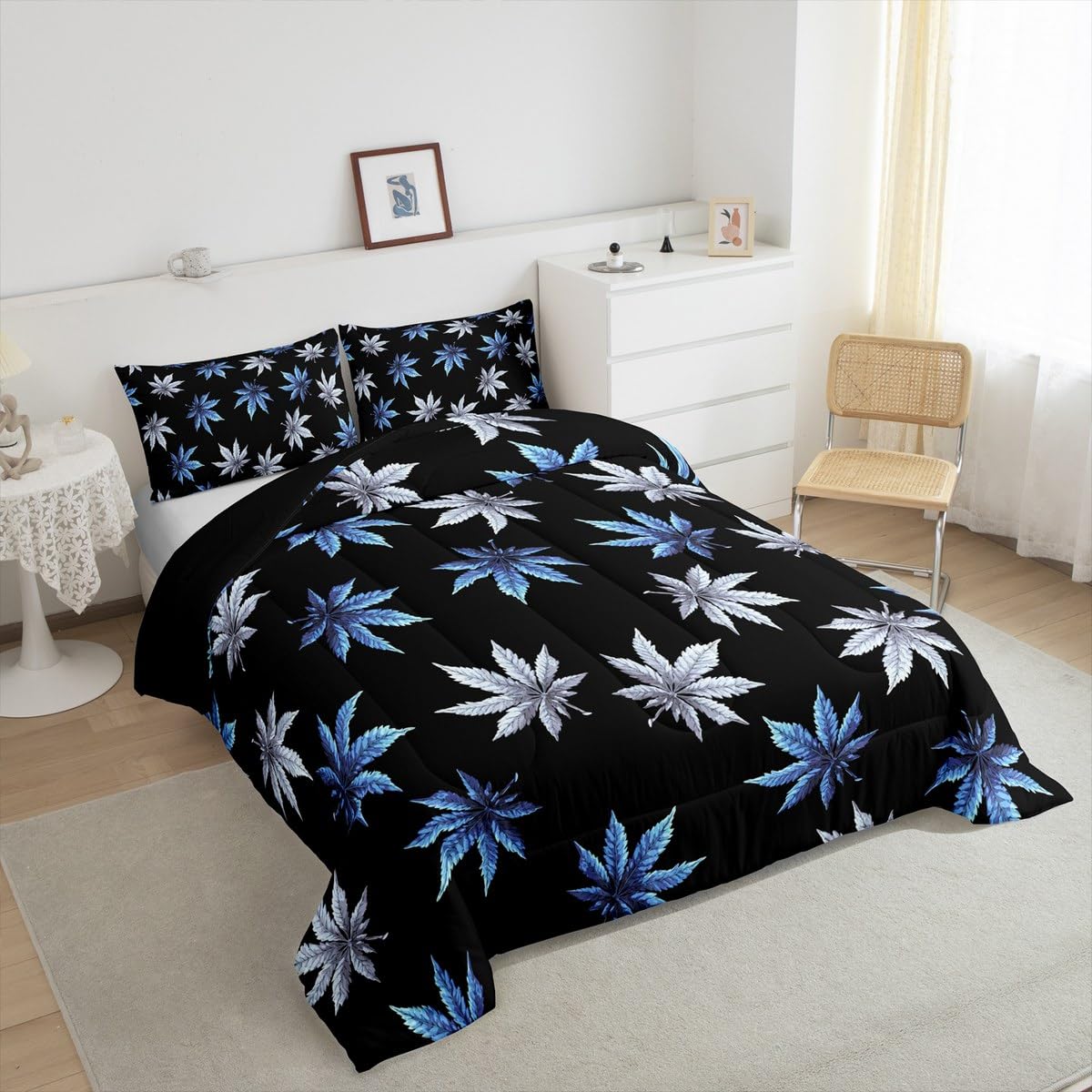 Teal Leaves Comforter Set, Leaves Bedding for Women Men Adults, Tropical Botanical Bedding Comforter Sets, Exotic