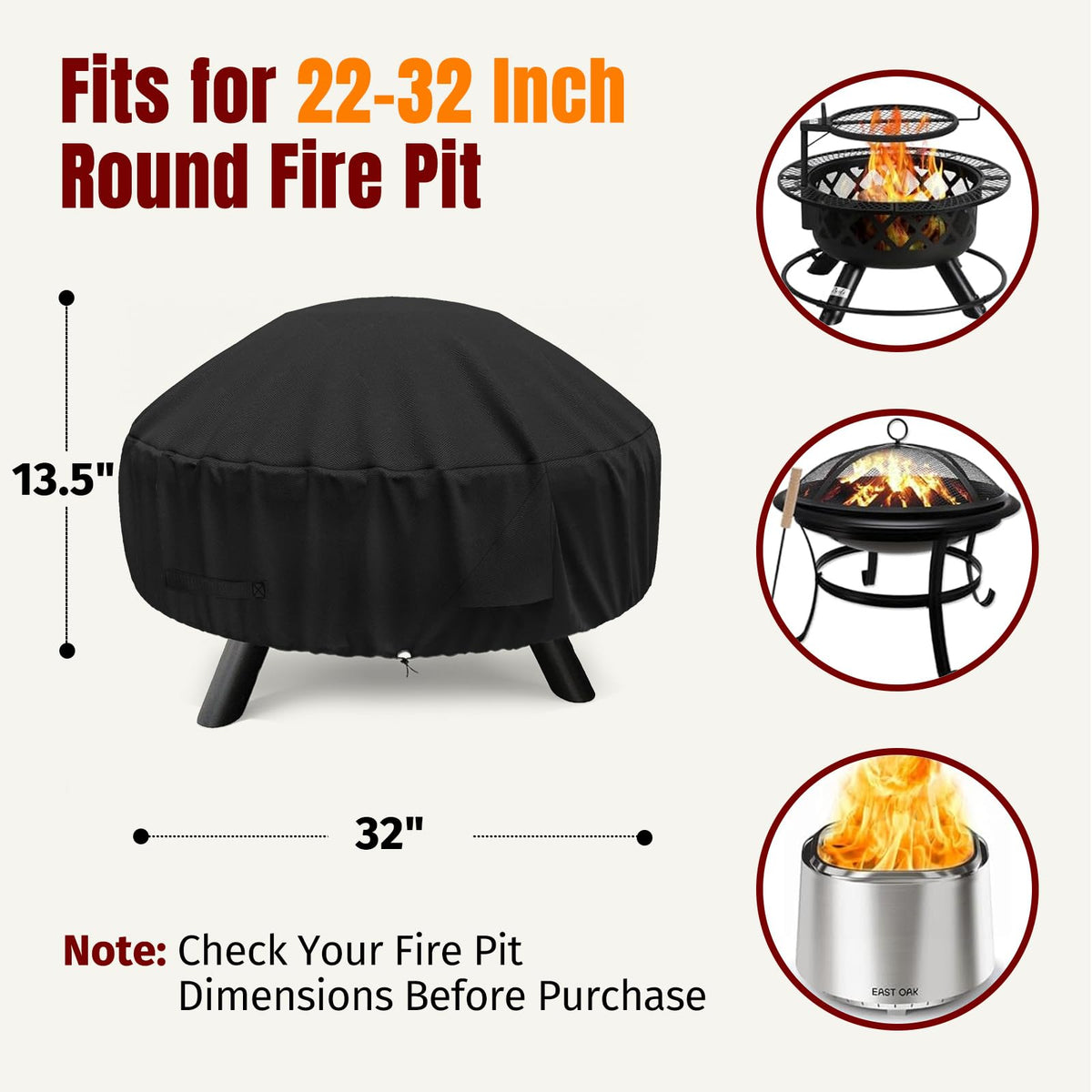 Round Fire Pit Cover for 22-32 Inch Fire Pit - Waterproof and Windproof, with Straps and Built-in Vents, 32 Dia x