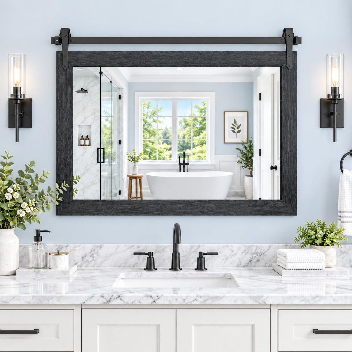 Farmhouse Mirror 42"x28" Black Rustic Mirror for Wall Vanity Mirrors Barn Door Style Decor Bathroom Living Room