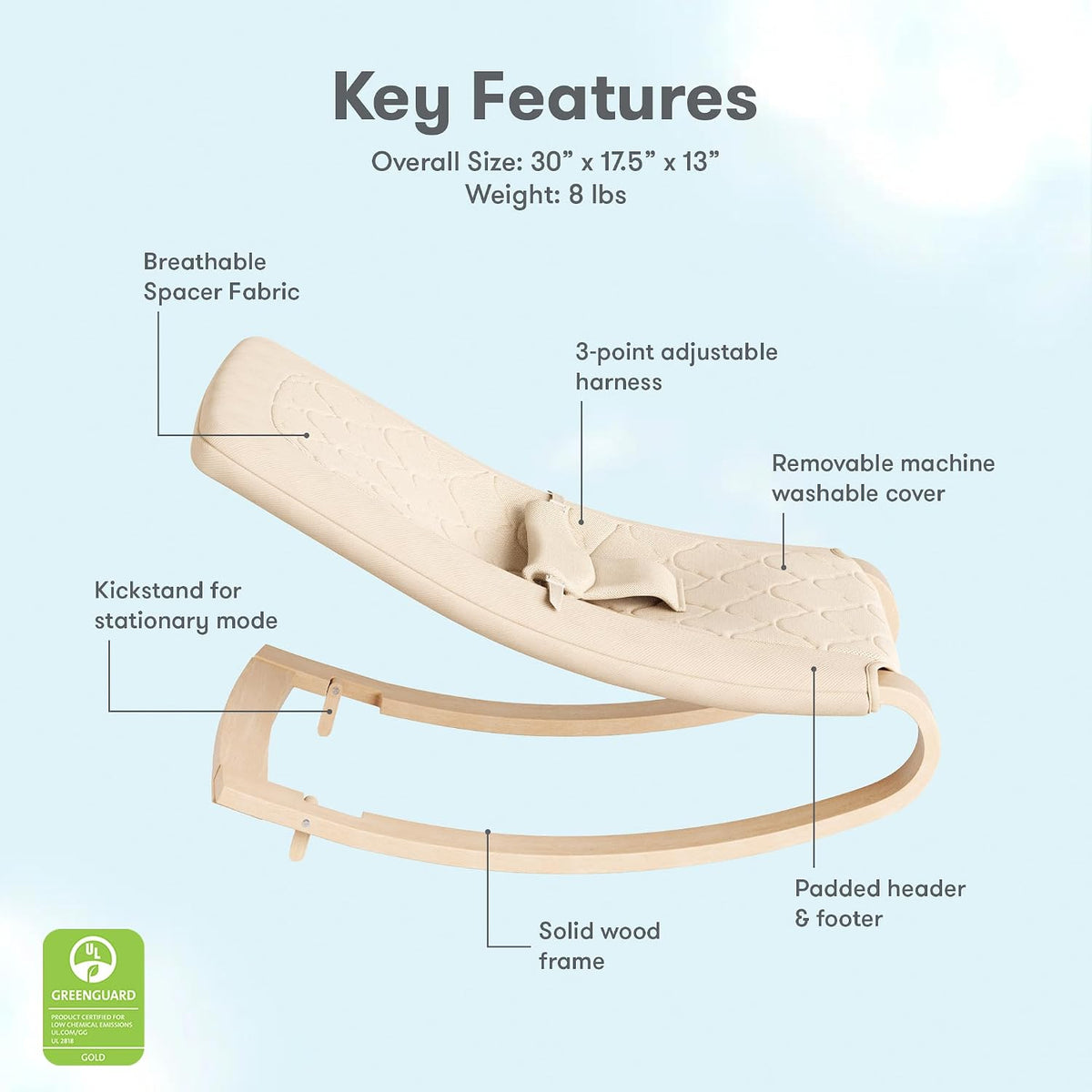Rocker, Breathable & Washable, Natural Wood Frame