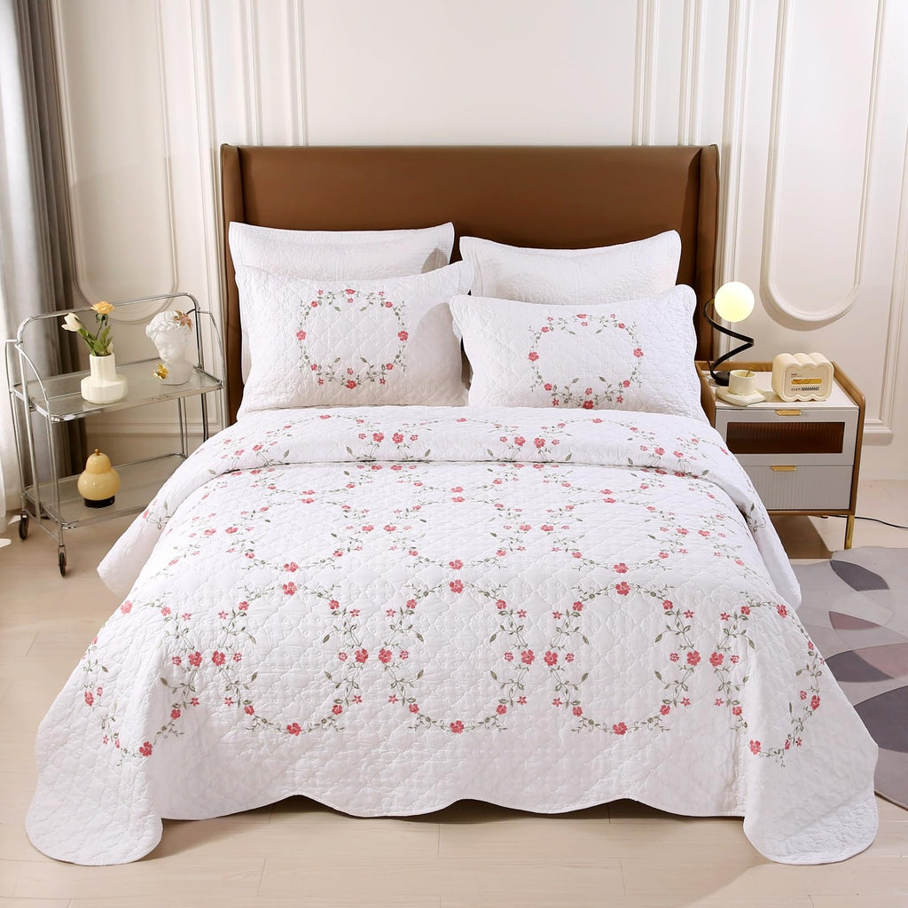 3 Piece Cotton Quilt Bedspreads Elegant Floral Embroidered Soft Lightweight Cotton Coverlet, 1 Quilt and 2