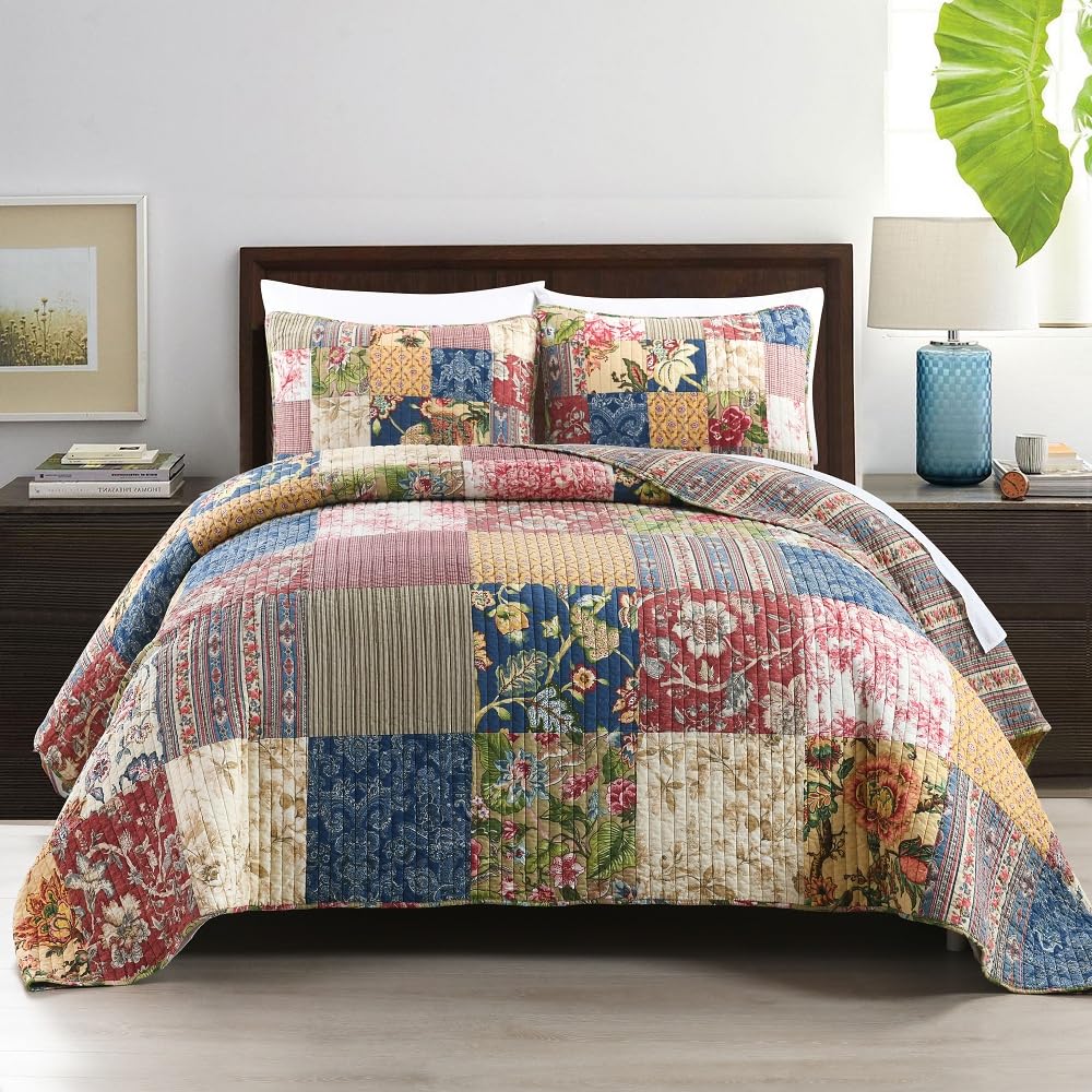 Cotton Bedspread Quilt Sets with 2 Shams, Soft Reversible Bedding Coverlet Sets Lightweight Comforters, Vintage Luxury
