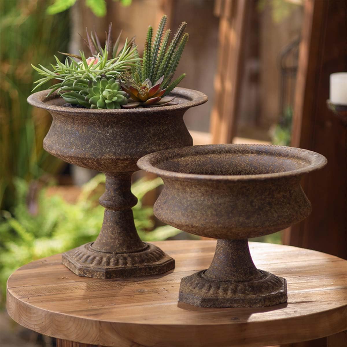Vintage Pedestal Urn Planter,Rustic Brown | Antique Style Design, Indoor & Outdoor Use, Hexagonal Base, Succulent &