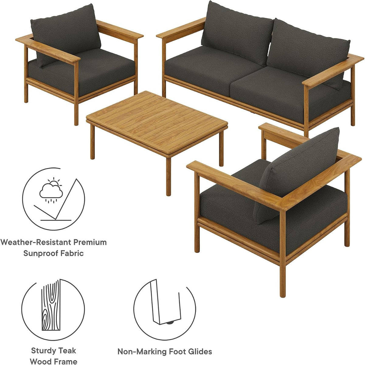 Wren Teak Wood Outdoor Patio 4 Piece Furniture Set in Natural Flint Gray
