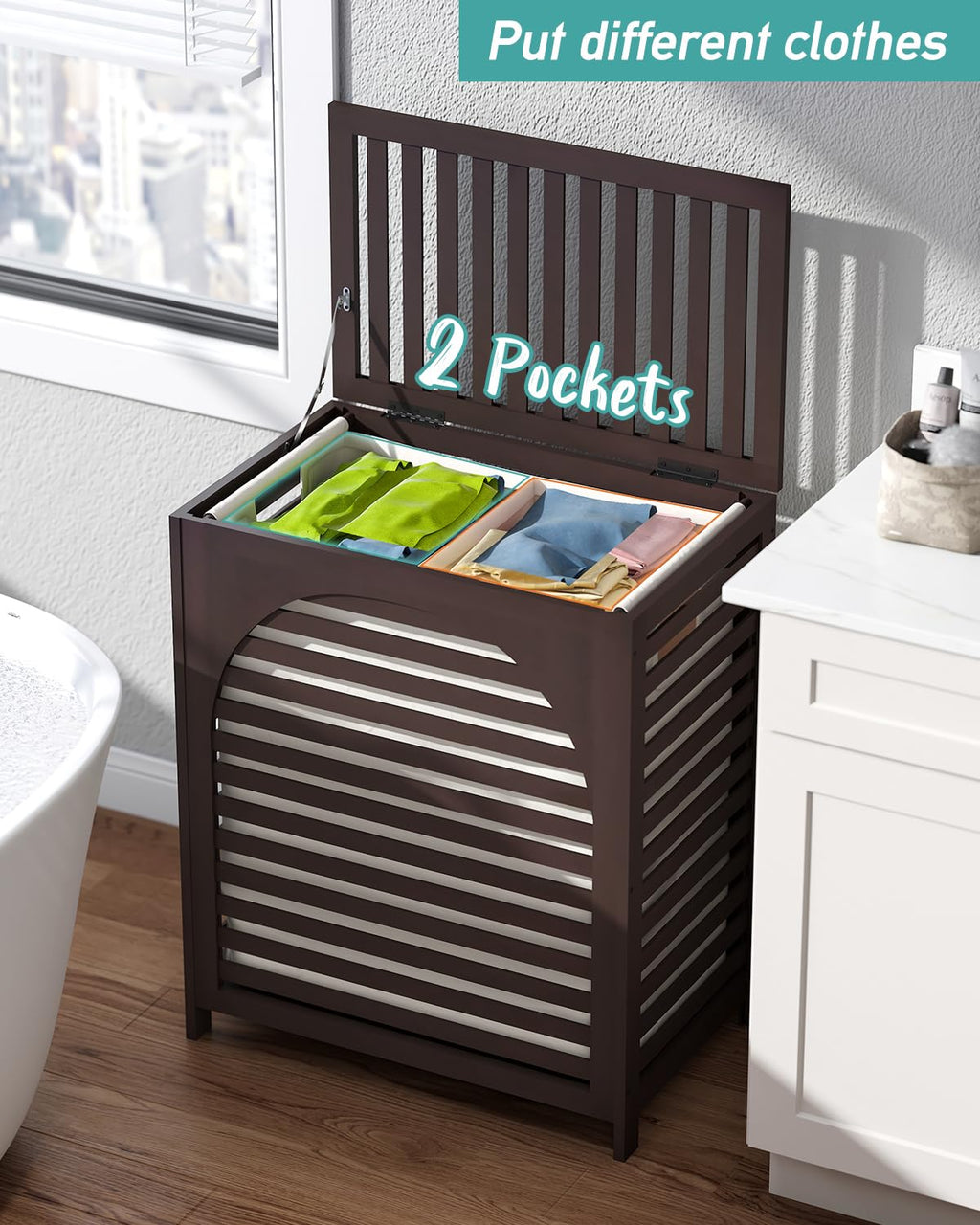 Hamper, 27.3 Gallon (103L) Bamboo Wood Clothes Laundry Basket with Lid and Handles, Removable Liner