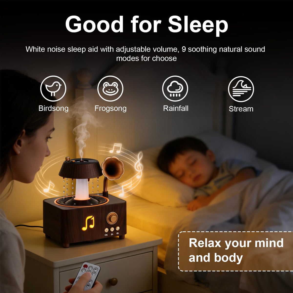 Raindrop Aroma Diffuser Room Humidifier with White Noise, 7-Color Air Mist Essential Oil Diffuser Sleep Sounds Aroma