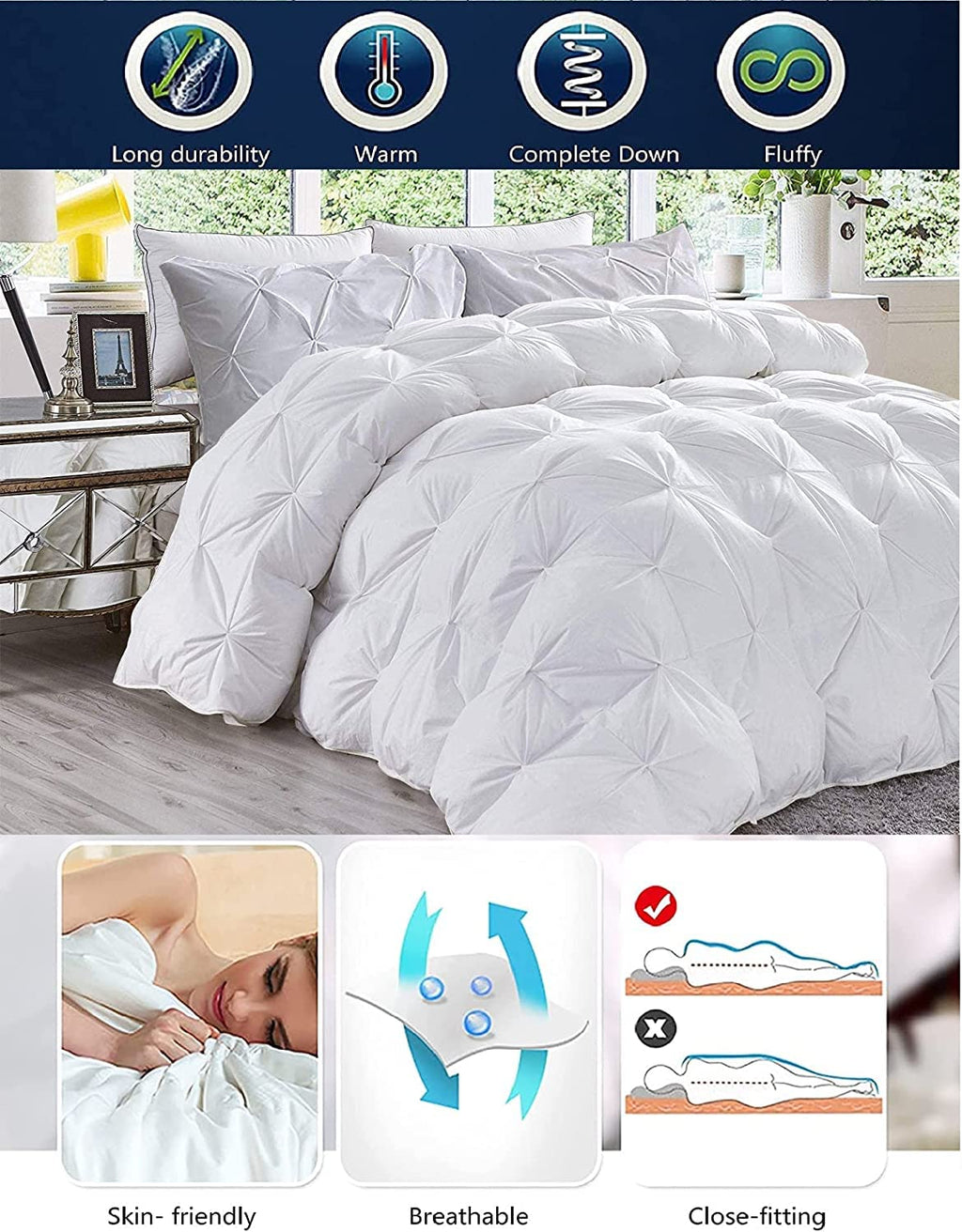 White Down Alternative Pinch Pleated Comforter- King Size 102 x 90 Inches 1 Piece All-Season Duvet Insert, 500 GSM