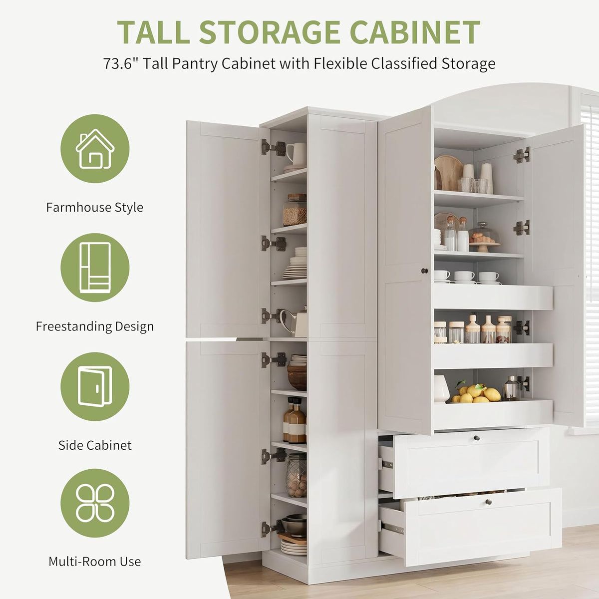73.6" Tall Farmhouse Kitchen Pantry Cabinet with 7 Shelves, 2 Drawers, 3 Pull-Out Trays, 6 Doors and Side Cabinets