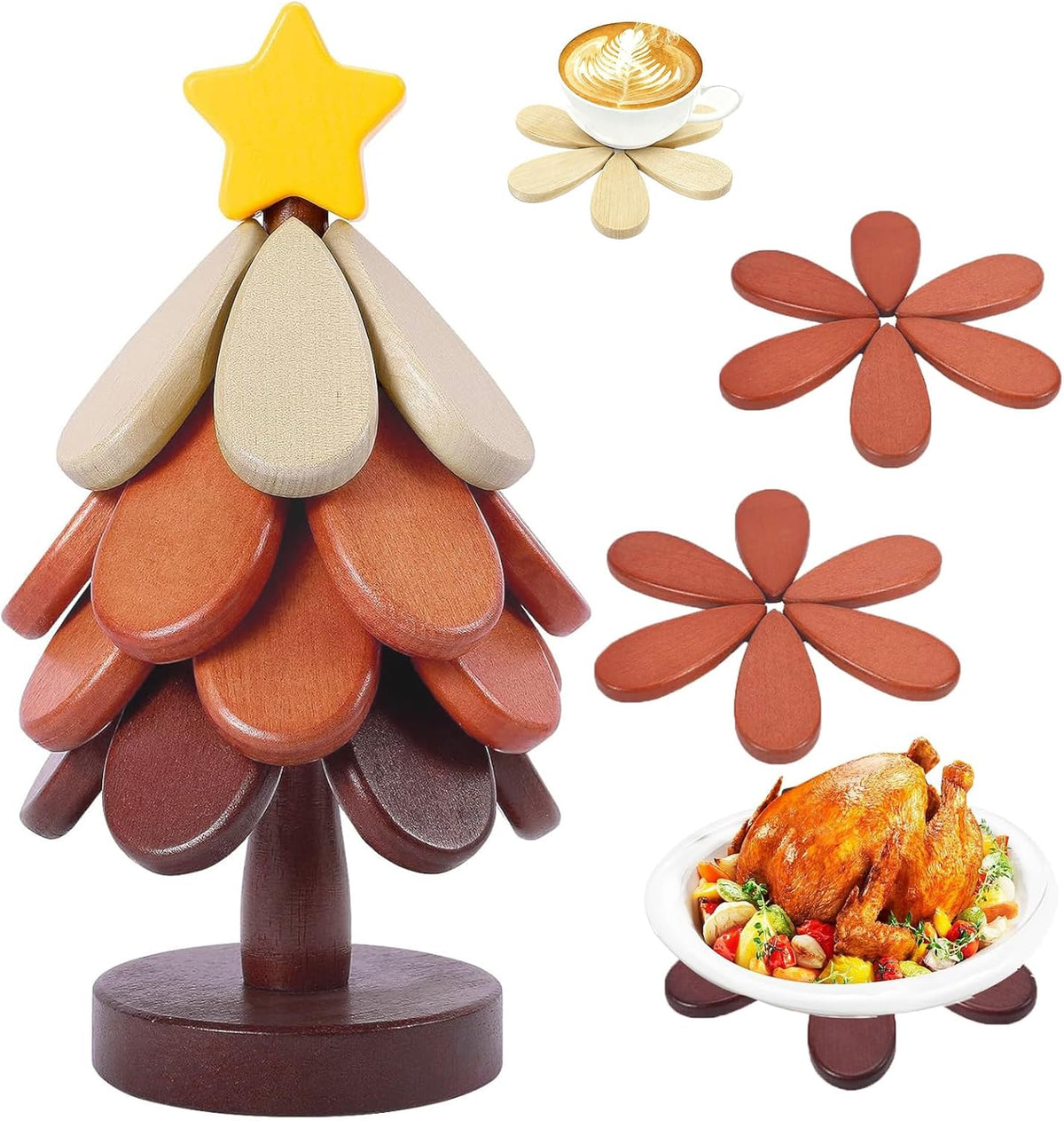 Wooden Trivets for Hot Dishes, Christmas Tree Shape Trivet for Hot Pot Pans, Wood Coasters Counter Decor - Set of 4