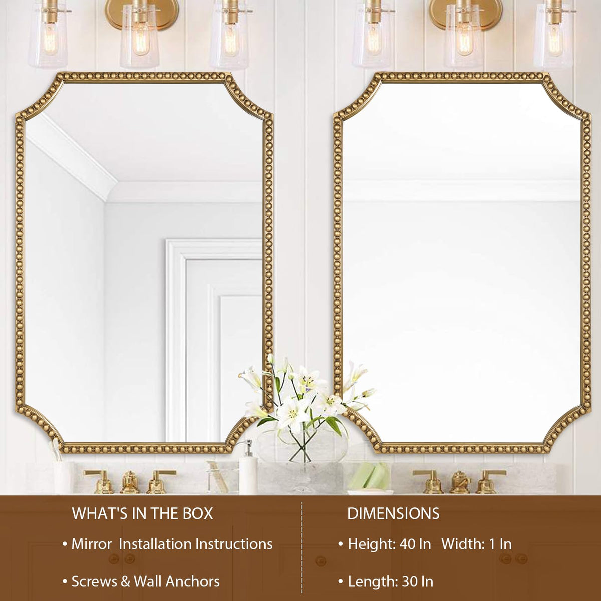 30"x40" Mirror for Wall, Full Scalloped Corners Rectangle Decorative Mirror, Metal Beaded Frame Accent Wall Decor