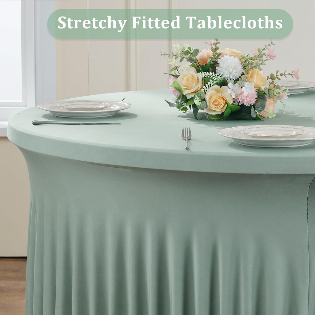 6 Pack Sage Green Spandex Round Tablecloths for 60 inch Table, Wrinkle Free Stretchy 120inch Fitted 5FT Round Table