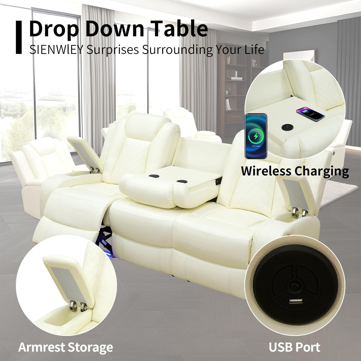 Power Leather Recliner Sofa Set with LED Light