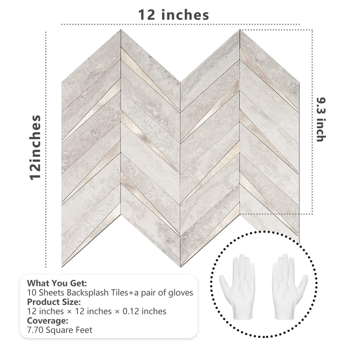 10-Sheet Herringbone Tile Peel and Stick Backsplash, Beige Mixed Metal Gold PVC Stick on Backsplash, Self Adhesive