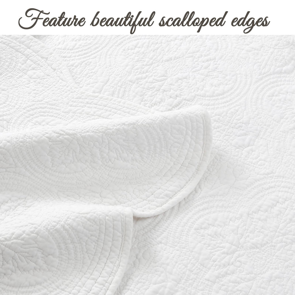 100% Cotton Victorian Medallion Solid White Matelasse Embossed Bedding Quilt Set, Reversible Lightweight Bedspread