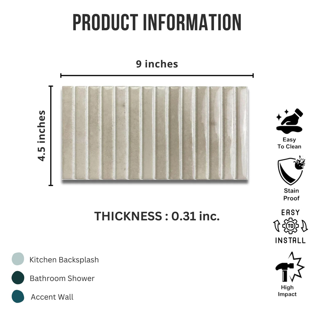 Scandia Glossy Ivory 4.5x9 Ribbed Porcelain Wall Tile, 3D KitKat Fluted Decorative Tile Backsplash, Bathroom, Shower