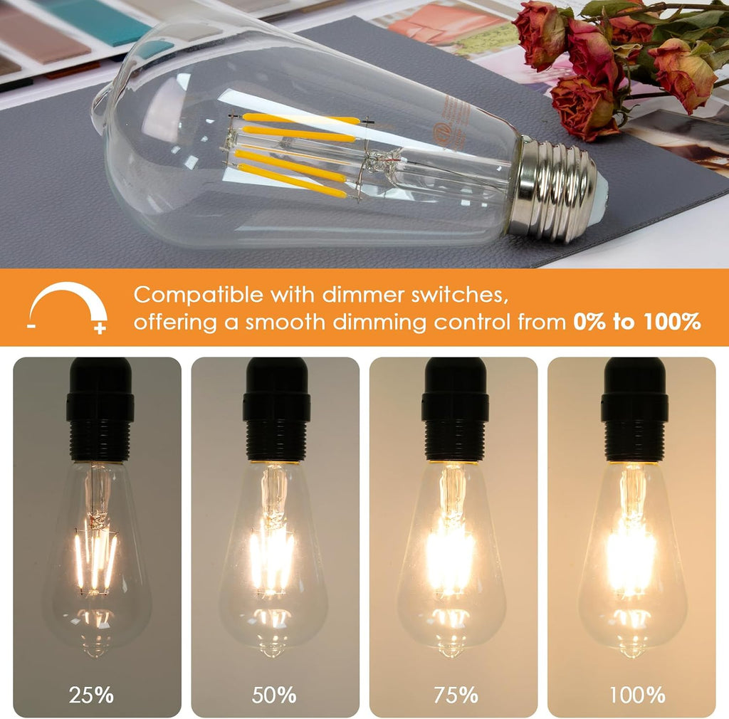 Dimmable ST64 LED Edison Bulbs, 4W 3000K Soft, E26, 6 Pack
