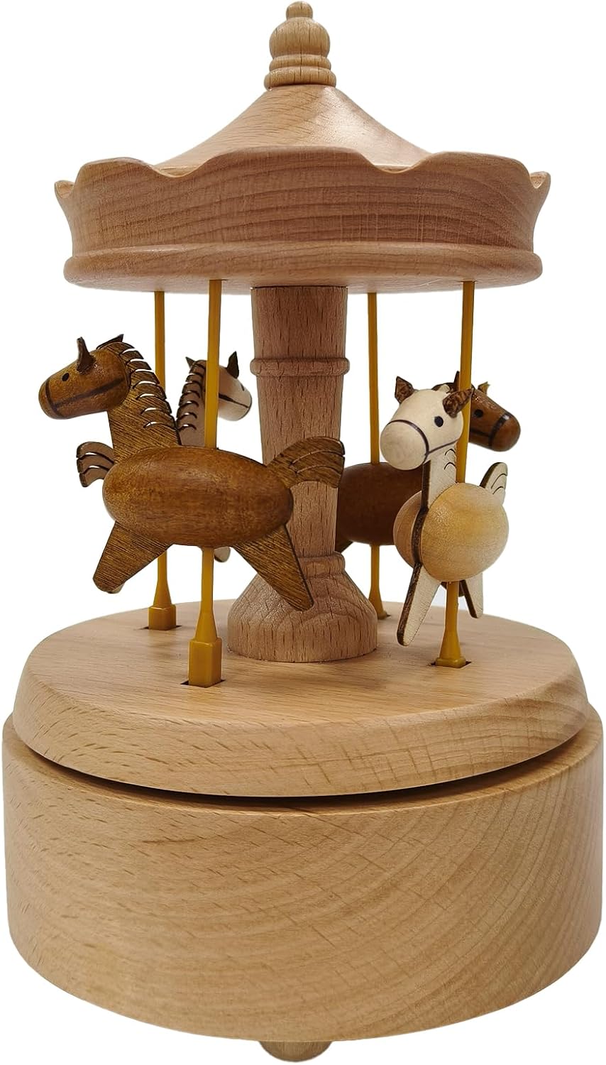 Wooden Carousel Music Box with Moving & Elevating Horses, Rotating Wind-Up Decor, Collectible Mechanical Musical Box