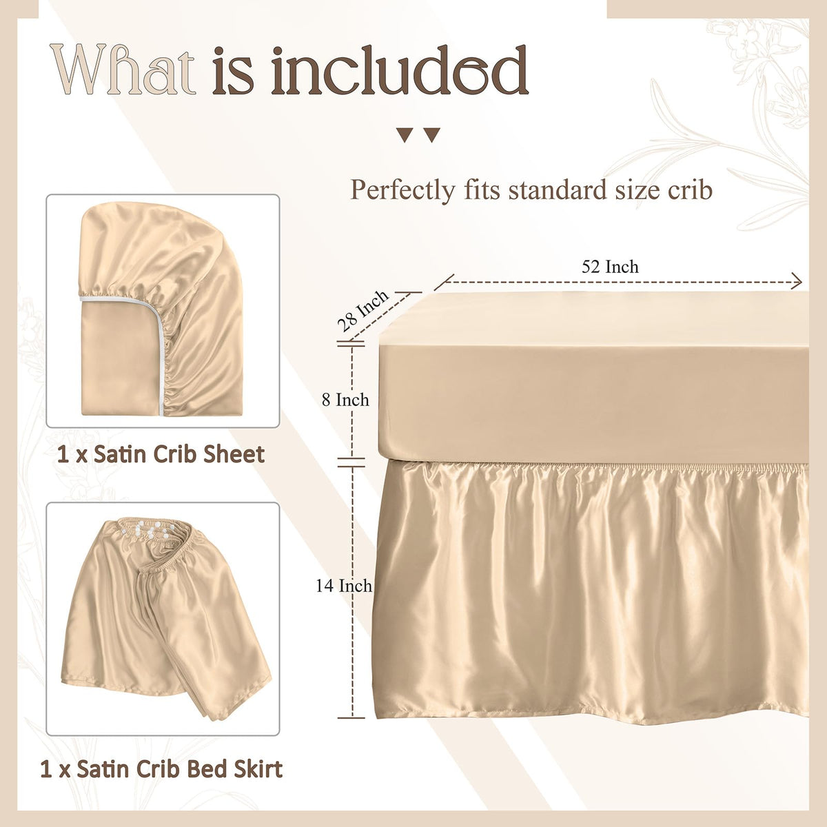 2-Piece Set Satin Crib Sheets & Crib Bed Skirt, Beige