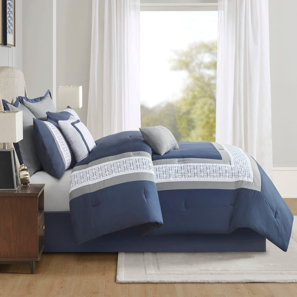 Powell Cozy Comforter Set, Hotel Style Border Design with Geometric Embroidery Details, All Season Bedding with