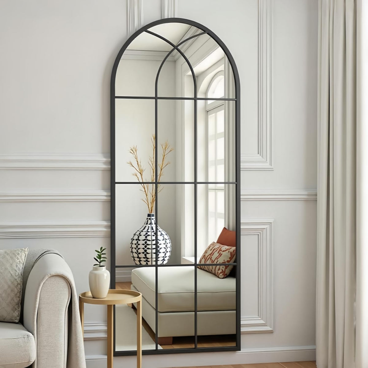 Arched Full Length Mirror, 56"x22" Windowpane Floor Mirror, Black