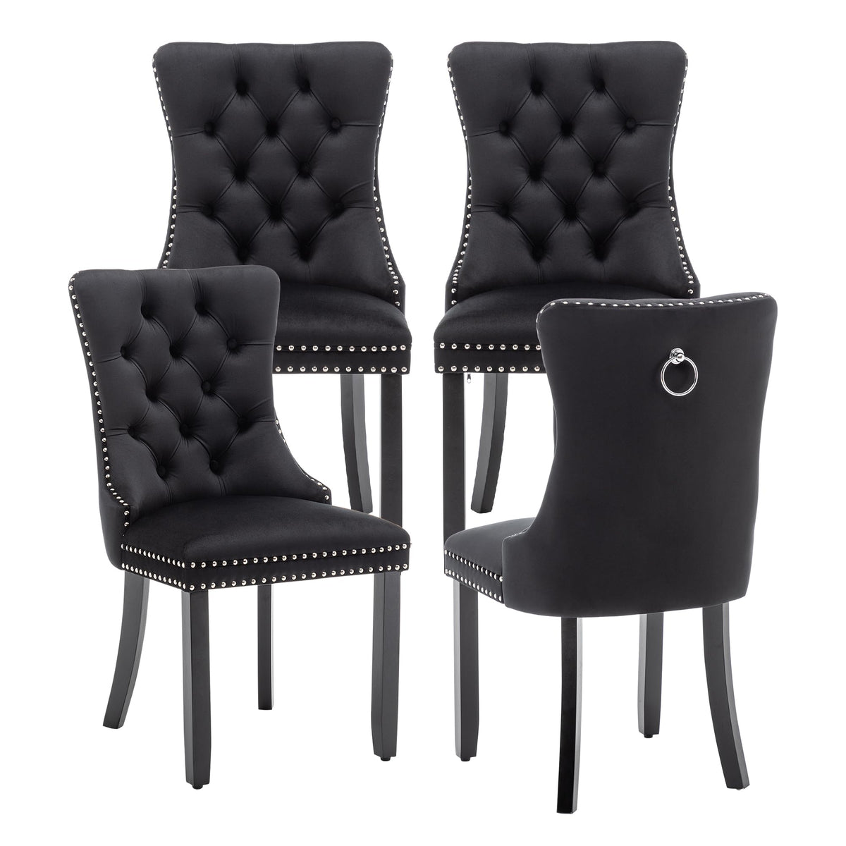 Velvet Dining Chairs, Tufted Kitchen & Dining Room Chairs, Black, Set of 4