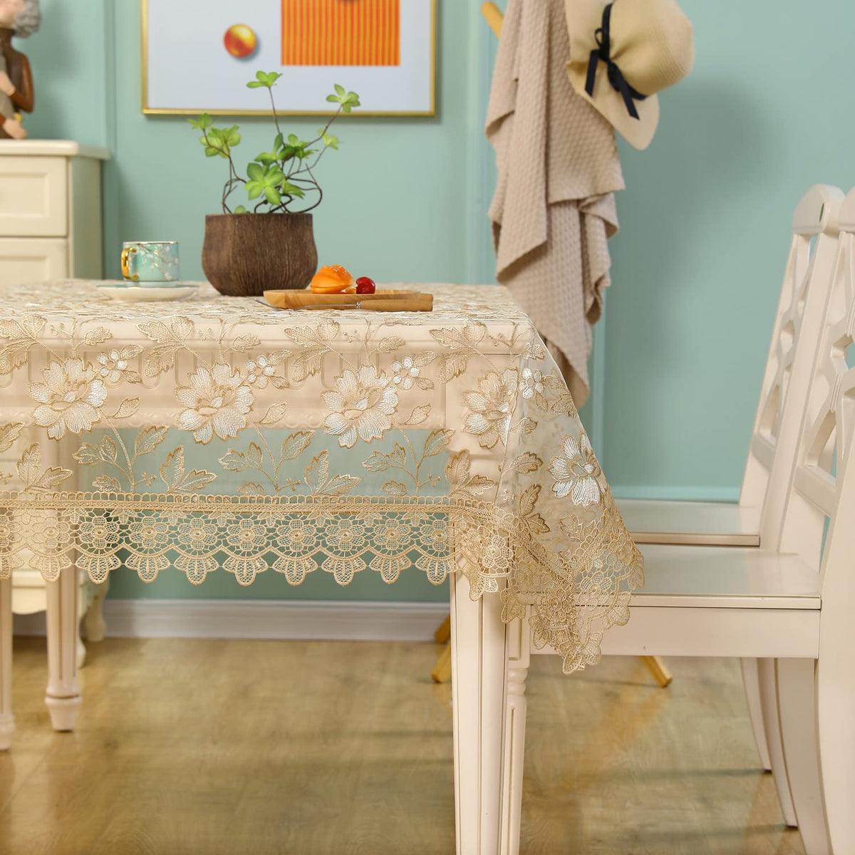 Lace Tablecloth Embroidery with Tassel - Shabby Chic Vinyl Rectangle Table Cloth for 6 Foot Tables Floral Tablecloth