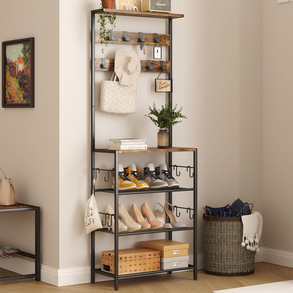 Coat Rack with Shoe Storage, 5-Tier Shoe and Coat Rack with 9 Clothes Hooks, Freestanding Hall Tree Organizer