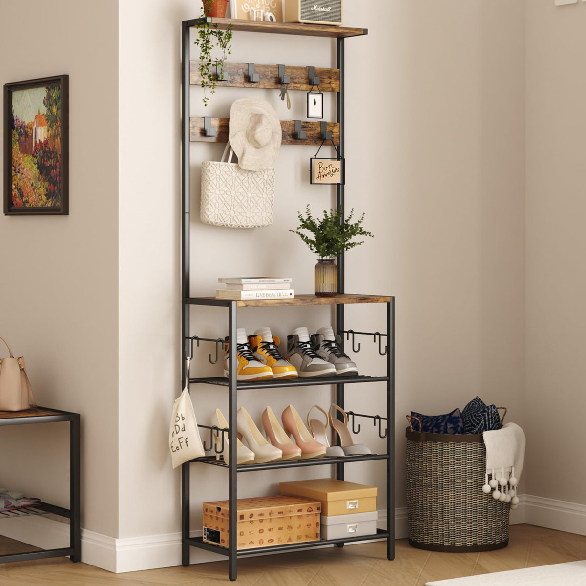 Coat Rack with Shoe Storage, 5-Tier Shoe and Coat Rack with 9 Clothes Hooks, Freestanding Hall Tree Organizer