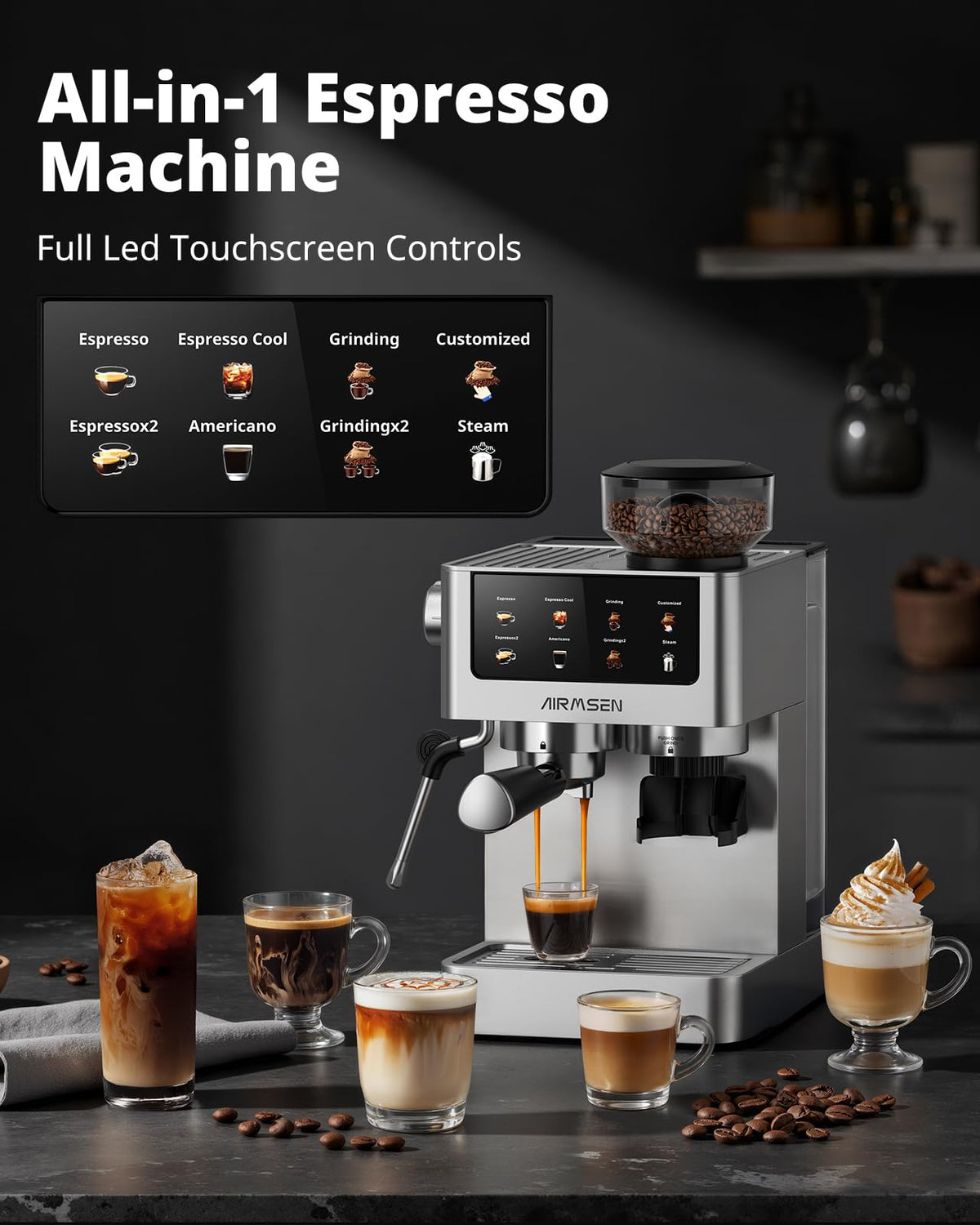 Espresso Machine with Grinder, 20 Bar, Milk Frothing Steam Wand