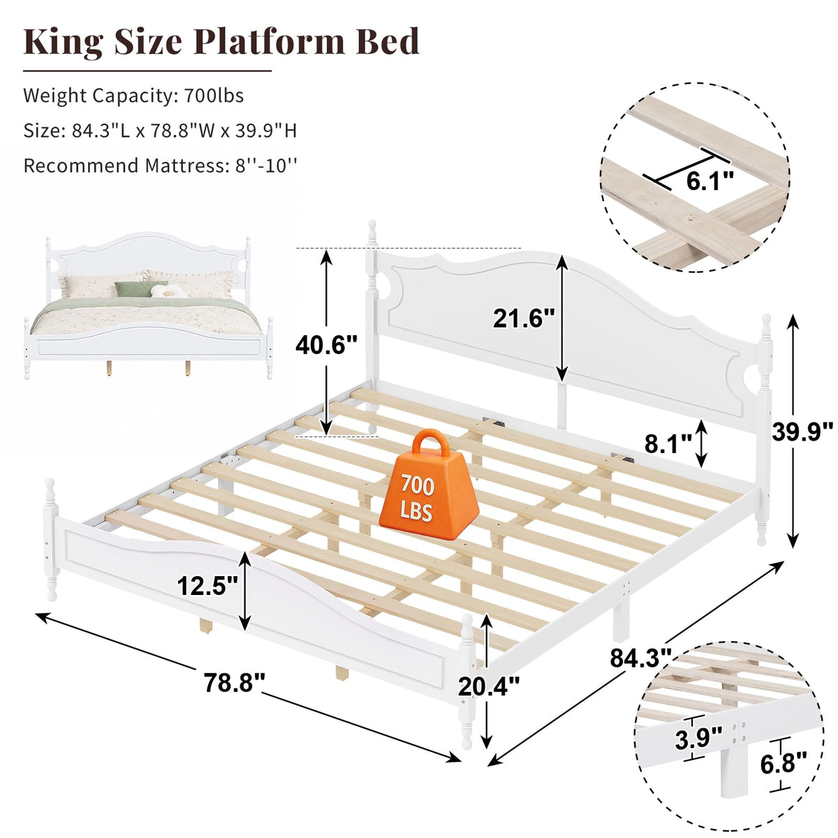 White Wood Bed Frame with Vintage Headboard, Gothic Style Wooden Platform Bed with Wood Slat Support