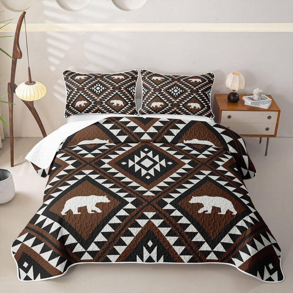 Western Boho Quilt Set Aztec Quilted Bedspread Lightweight Coverlet Set Wild West Bear Bedding Set with