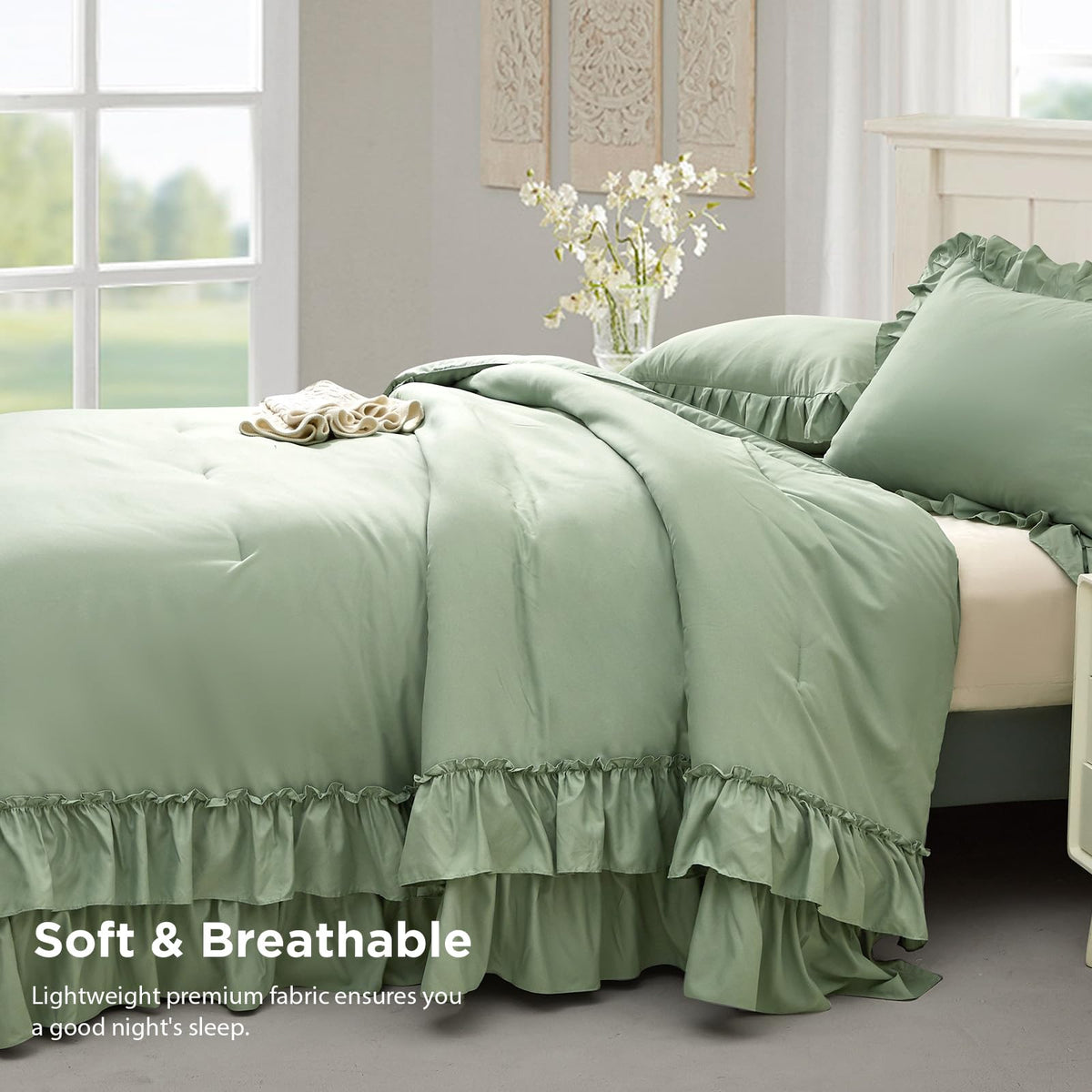 Comforter Set Sage Green, Lightweight Fluffy Farmhouse Ruffle Bedding Set, Soft Microfiber All Season