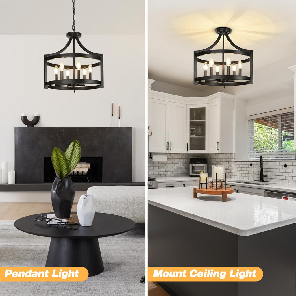 6 Lights Large Modern Farmhouse Chandelier, 19" Convertible Semi Flush Mount Ceiling Light Fixture Hanging Light
