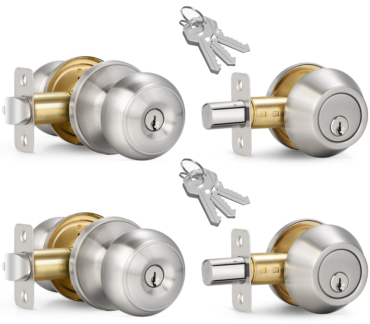 2 Sets Entry Door Knob and Single Cylinder Deadbolt Combo Set, Keyed Alike
