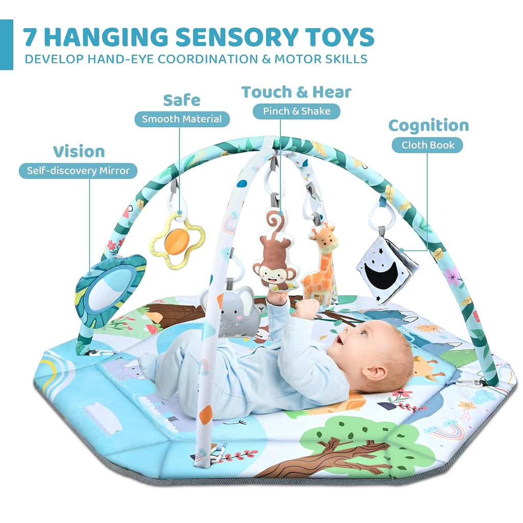 Gym Play Mat, in-1 Tummy Time Mat & Ball Pit with 6 Toys, Washable Baby Activity Play Mat for Visual, Hearing