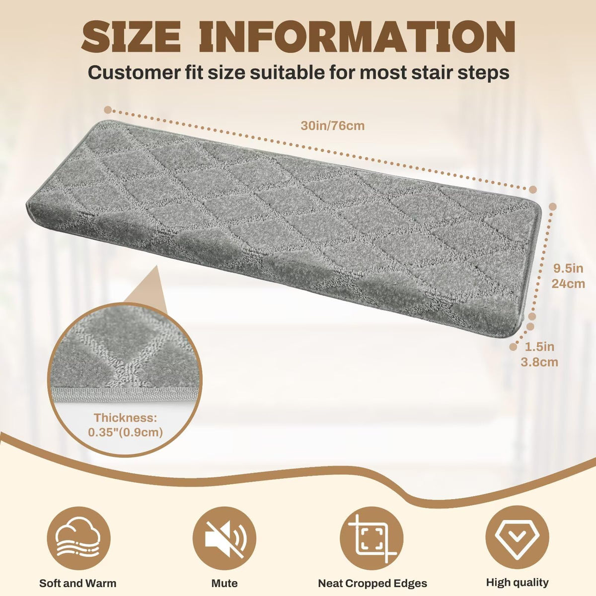 For Wooden Steps Bullnose Non-Slip Stair Runner, 14 Pcs