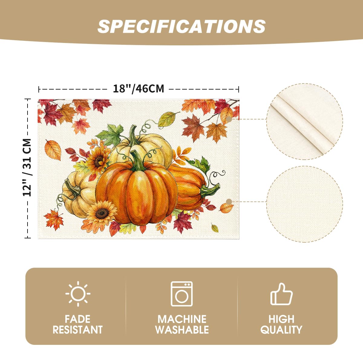 Pumpkins Maple Leaves Fall Placemats Set of 6, 12x18 Inch Seasonal Autumn Thanksgiving Table Mats for Party Kitchen
