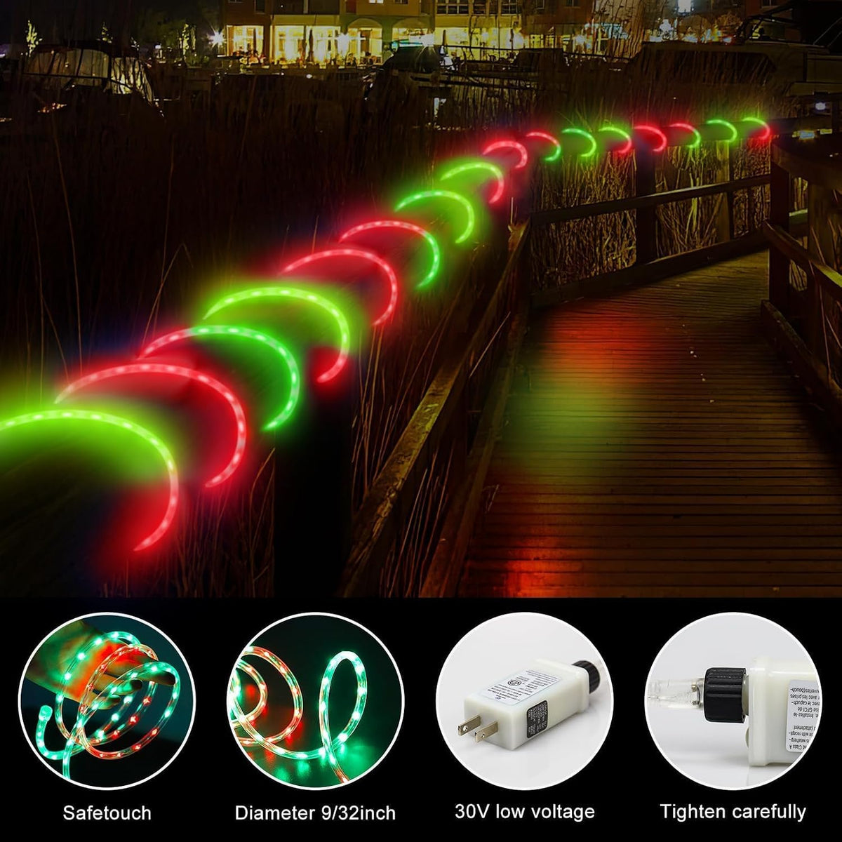 Christmas Rope Lights Outdoor, 50Ft 600 LED Red and Green String Lights, Waterproof Tube Light Plug in 8 Modes Timer